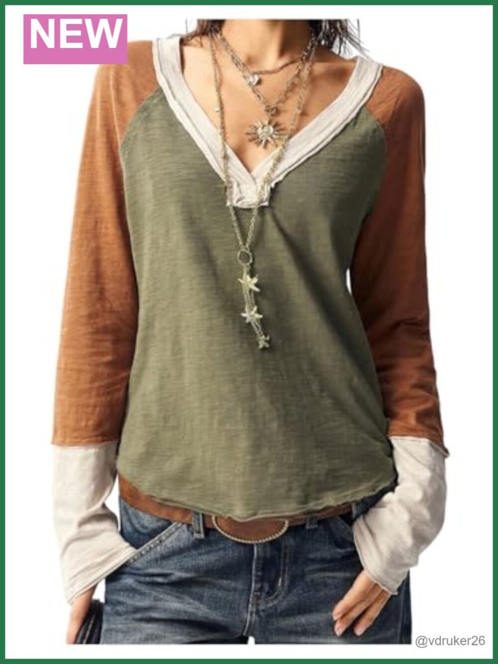 Womens Patchwork Top V Neck Long Sleeve Boho Fall T Shirt Relaxed Fit